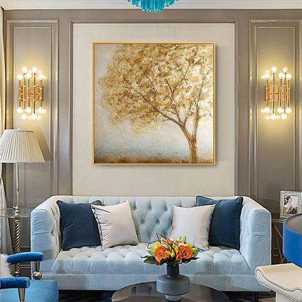 Hand-painted abstract oil painting, modern and simple Nordic golden money tree, European and American background living room and dining room decoration painting details Picture