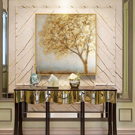 Hand-painted abstract oil painting, modern and simple Nordic golden money tree, European and American background living room and dining room decoration painting Specification image