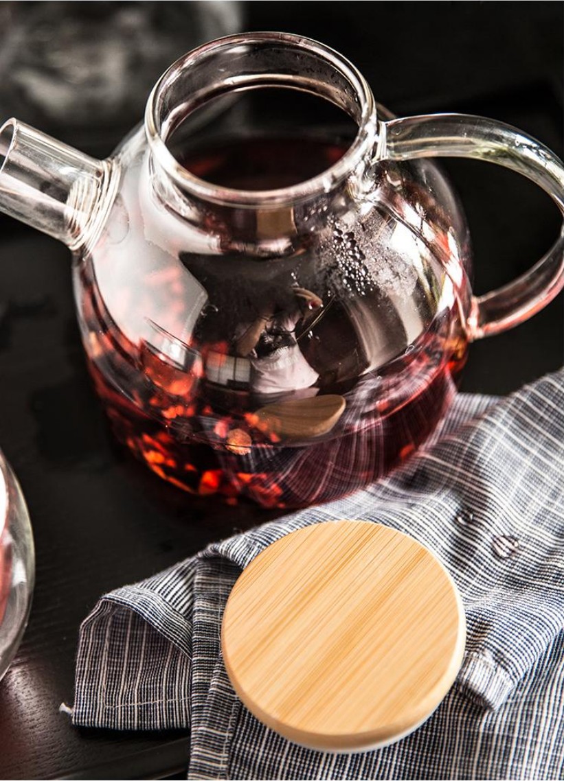 Glass kettle with lid, high-temperature filtering, cooling water kettle with lid, large-capacity teapot for brewing flower tea, double-layered glass cups, small size detail image 3