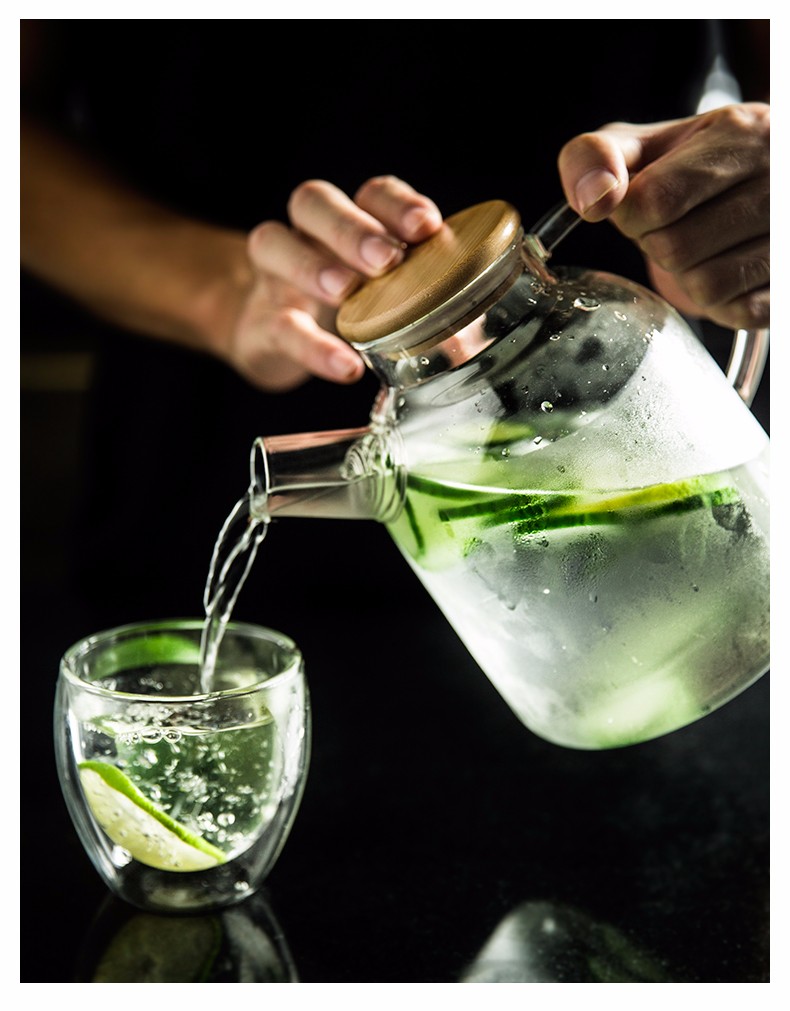 Glass kettle with lid, high-temperature filtering, cooling water kettle with lid, large-capacity teapot for brewing flower tea, double-layered glass cups, small size detail image 2