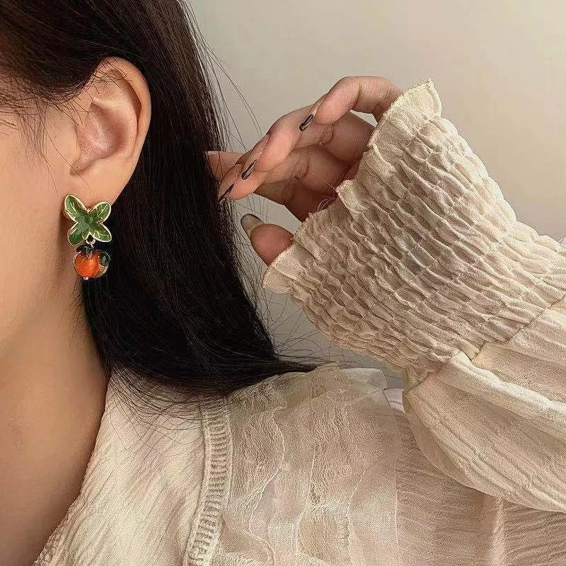 S925 Silver Needle Persimmon Happiness Retro Glass Orange Persimmon Ear studs Women's Personalized Creative country-style earrings Trendy pomelo ears detail image 1