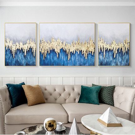 A light luxury gold foil living room sofa background wall three-piece hand-painted modern dining room high-end model room decorative painting Application Scenario