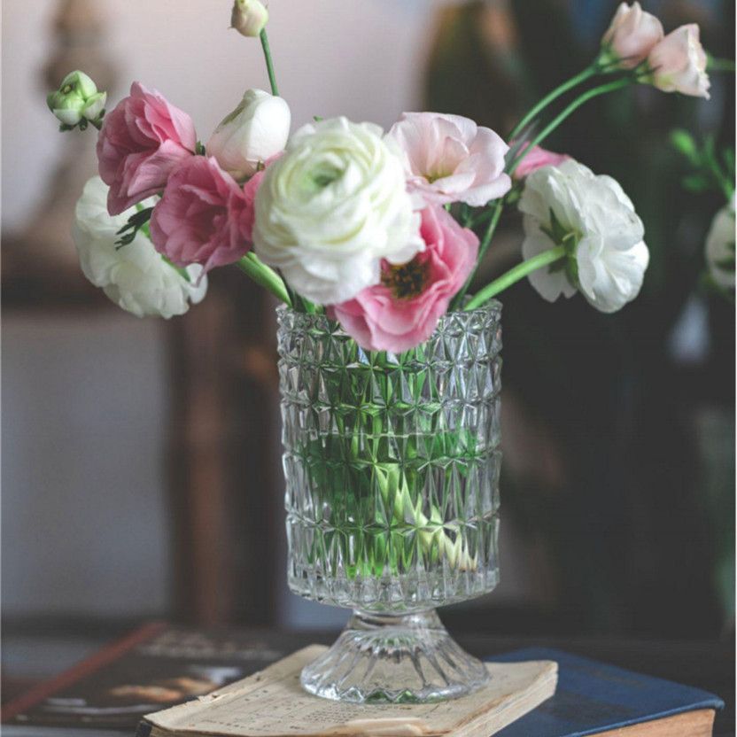 美式 烛台复古刻花大口鲜切花绿植水培玻璃花瓶