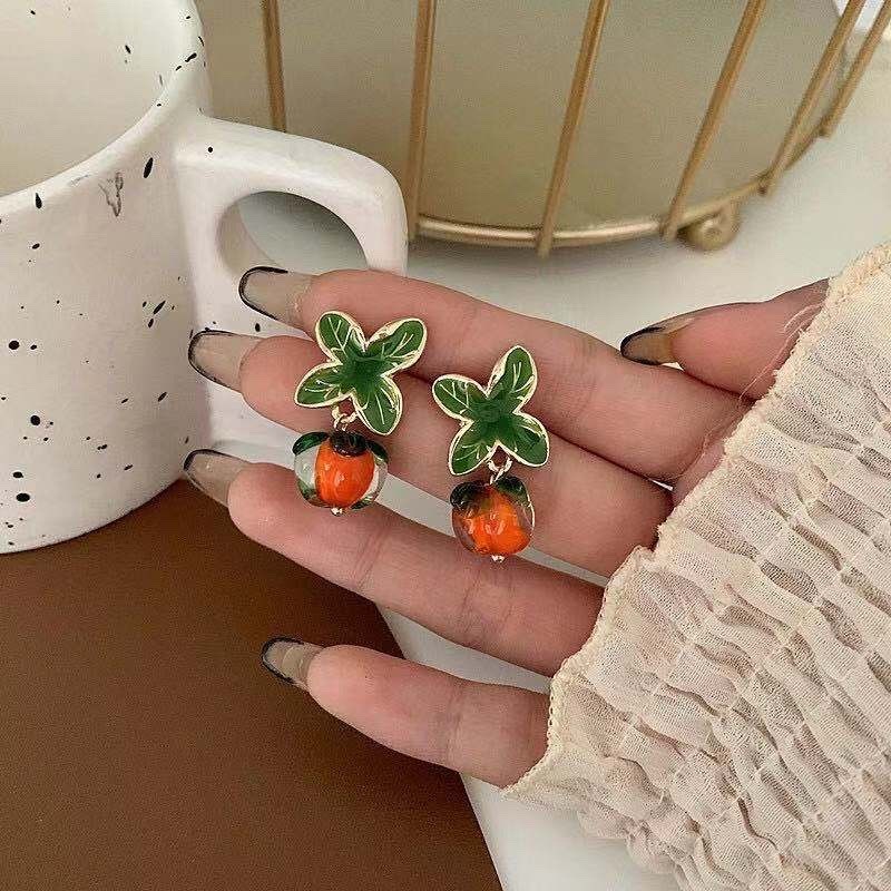 S925 Silver Needle Persimmon Happiness Retro Glass Orange Persimmon Ear studs Women's Personalized Creative country-style earrings Trendy pomelo ears detail image 3