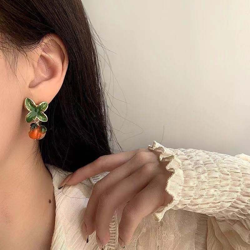 S925 Silver Needle Persimmon Happiness Retro Glass Orange Persimmon Ear studs Women's Personalized Creative country-style earrings Trendy pomelo ears detail image 2
