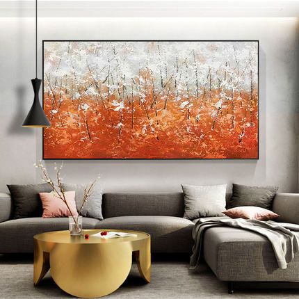 Abstract hand-painted oil painting in the living room, orange light luxury living room sofa decoration painting, large entrance corridor, office hanging painting details Picture
