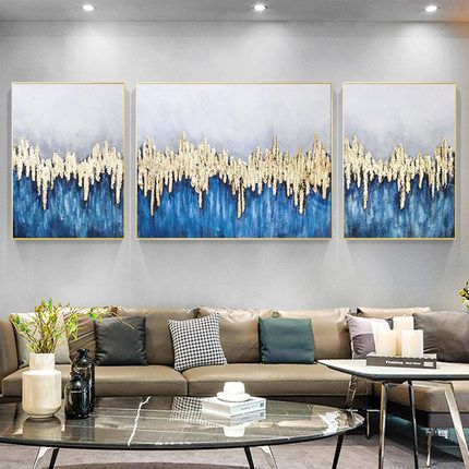A light luxury gold foil living room sofa background wall three-piece hand-painted modern dining room high-end model room decorative painting details Picture