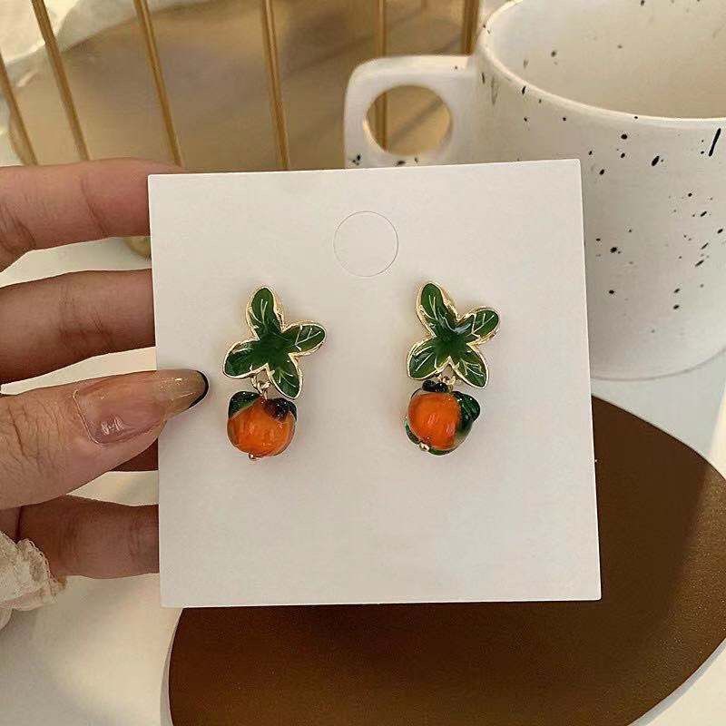 S925 Silver Needle Persimmon Happiness Retro Glass Orange Persimmon Ear studs Women's Personalized Creative country-style earrings Trendy pomelo ears details Picture
