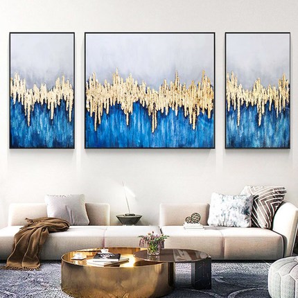 A light luxury gold foil living room sofa background wall three-piece hand-painted modern dining room high-end model room decorative painting detail image 1