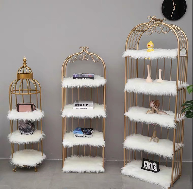 Nordic ironwork birdcage storage rack, floor-standing display rack, decorated golden birdcage flower stand, storage rack, multi-layer rack detail image 1