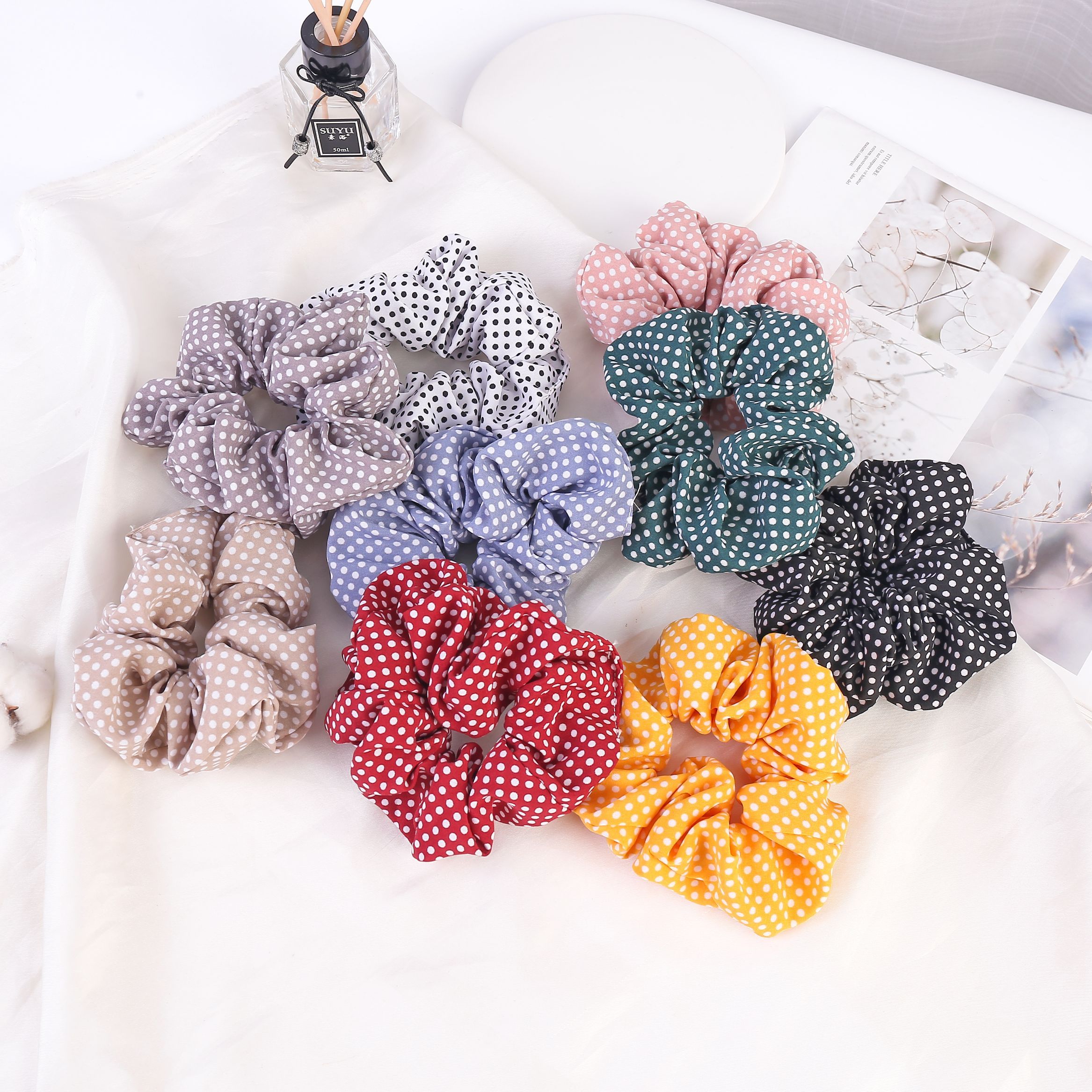 New Ins All Over The Fabric Polka Dot Large Hair Circle Flower Girl Cute Head Rope Leather Band Headwear Korean Version Spot