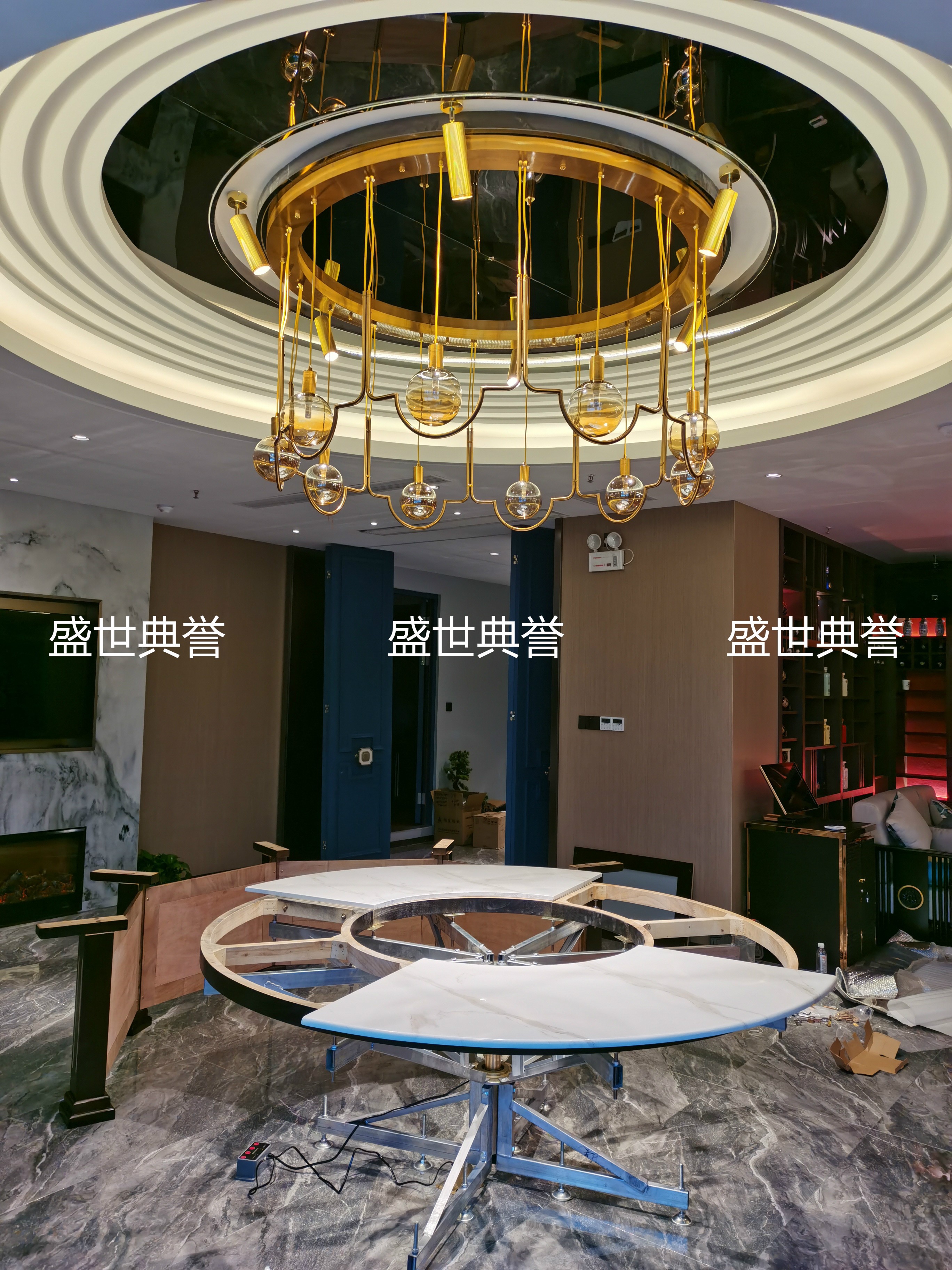 武汉度假酒店包厢实木桌会所现代轻奢电动转盘餐桌饭店电动大圆桌