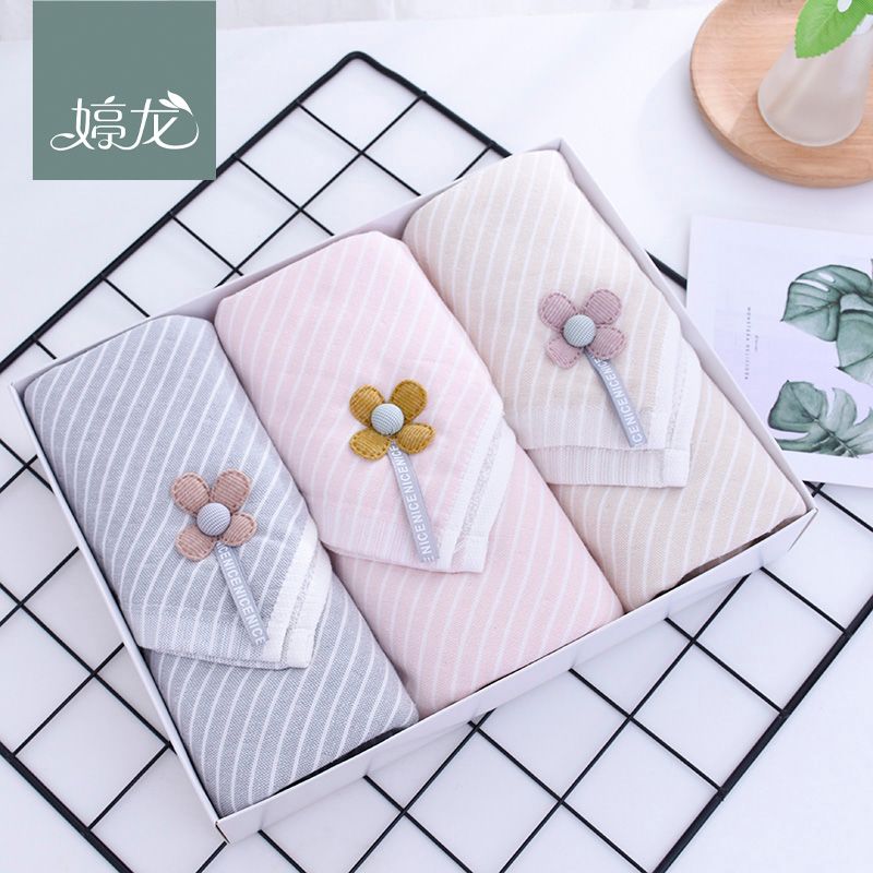 【 3-piece box Set 】 New pure cotton gauze material gift box towel set with small flower decoration gauze face towel details Picture