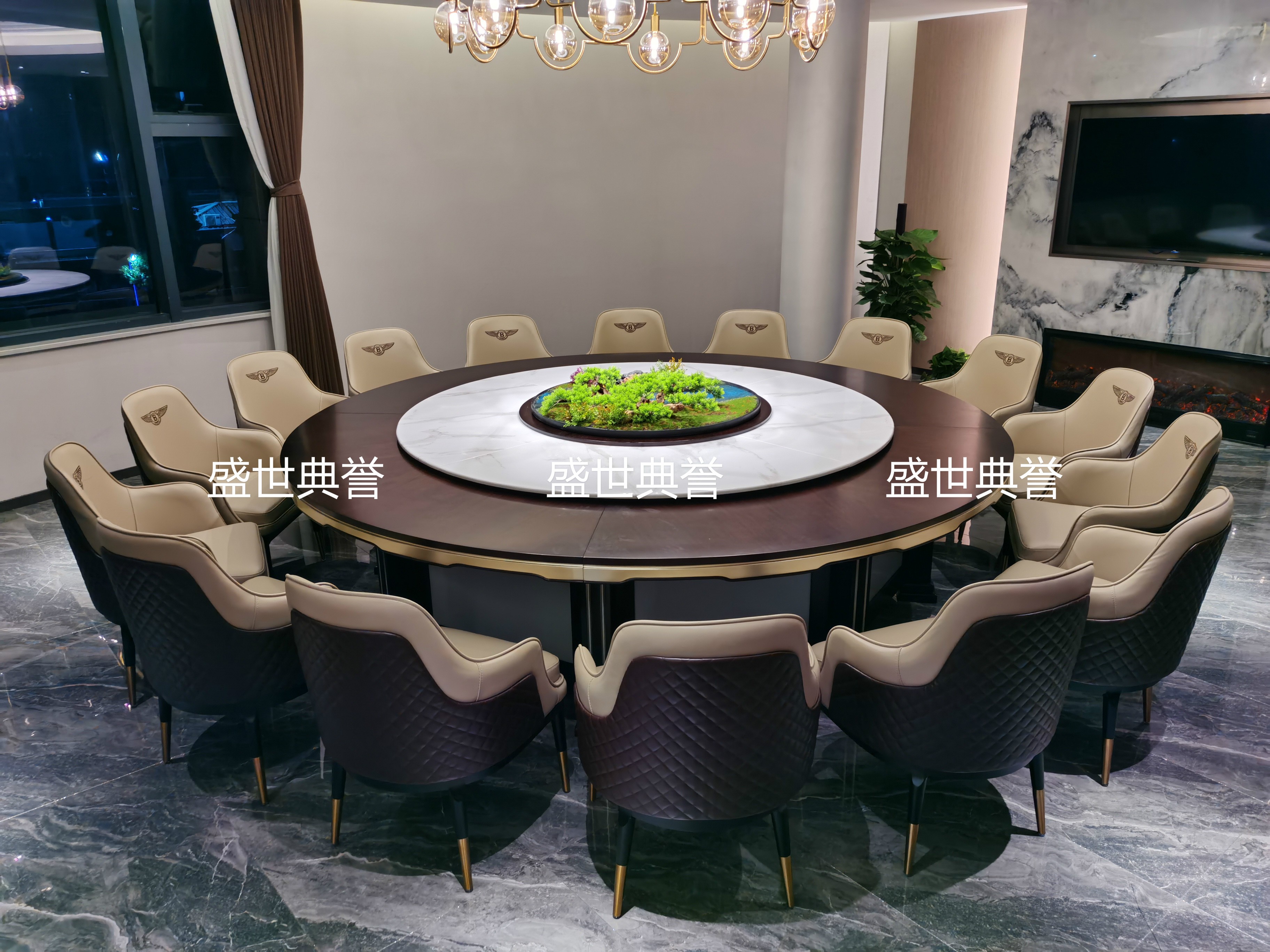 武汉度假酒店包厢实木桌会所现代轻奢电动转盘餐桌饭店电动大圆桌