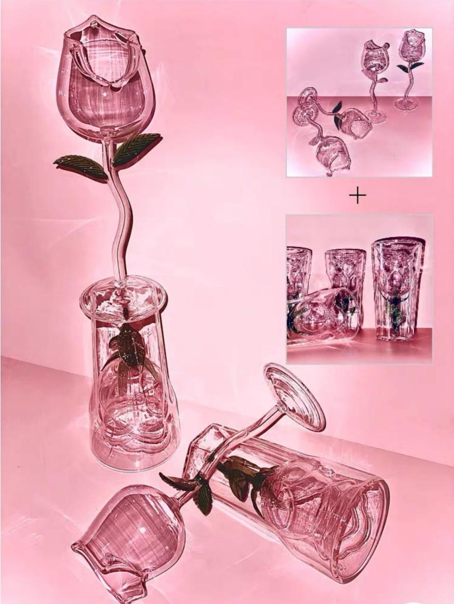 高档创意玫瑰花 水晶玻璃 红酒高脚香槟杯 套装 家用 个性粉色浪漫ins详情图1