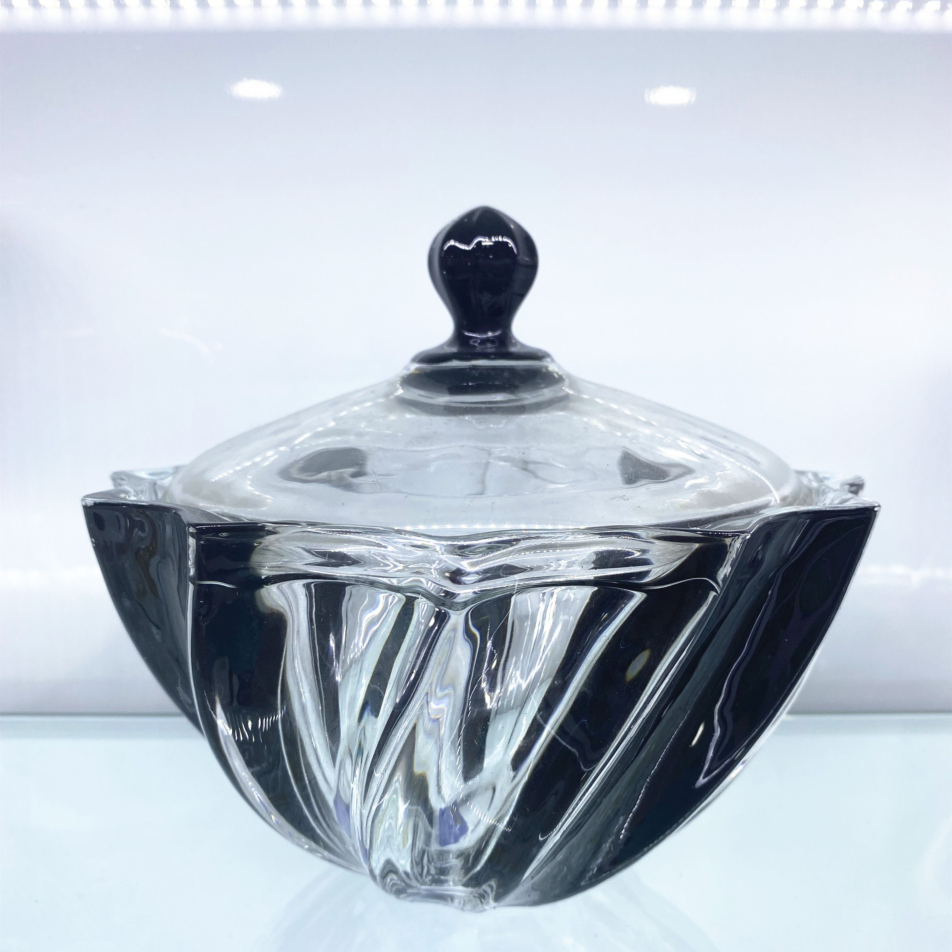 欧式水晶斜纹玻璃带盖碗 小容量糖果罐 干果 盒沙拉碗 透明圆形 套黑