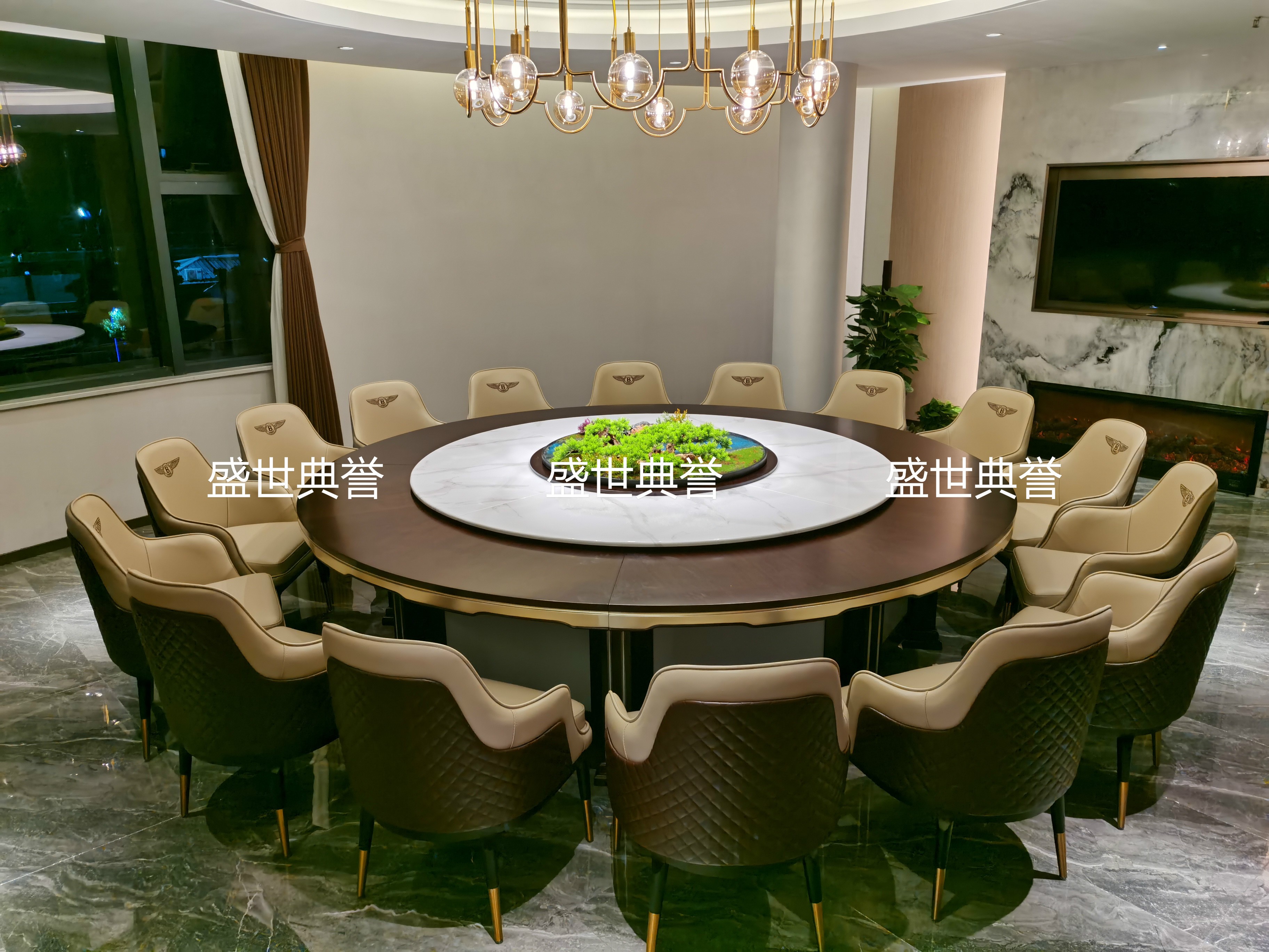 武汉度假酒店包厢实木桌会所现代轻奢电动转盘餐桌饭店电动大圆桌