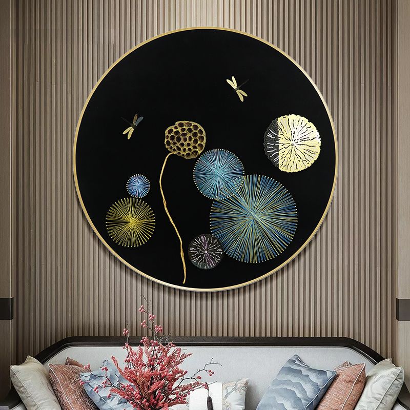 Modern and simple living room silk thread decorative painting with lotus leaves in round frames details Picture