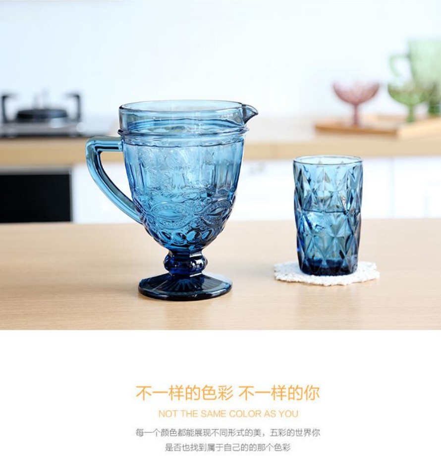 欧式浮雕冷水壶水杯套 创意彩色玻璃凉杯家用果汁壶详情图6