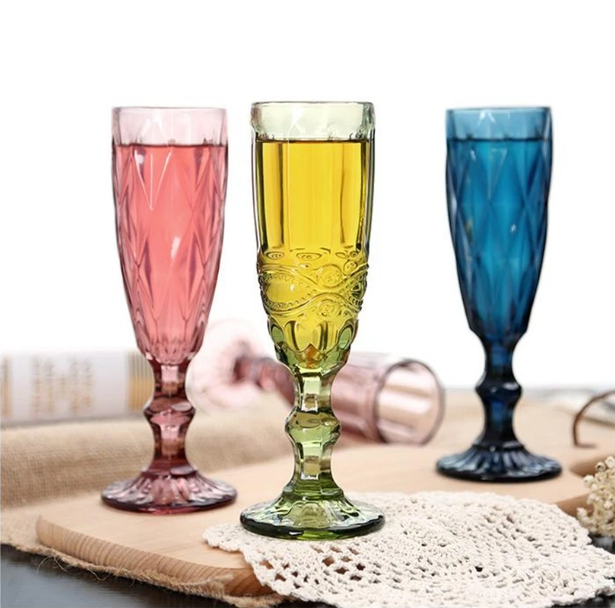 Retro colored embossed champagne glass, creative small juice glass, glass tall glass, thickened red wine glass for home use, diamond-shaped transparent wine sets detail image 7
