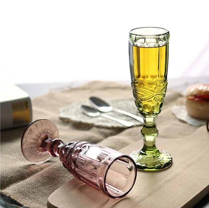 Retro colored embossed champagne glass, creative small juice glass, glass tall glass, thickened red wine glass for home use, red style detail image 1