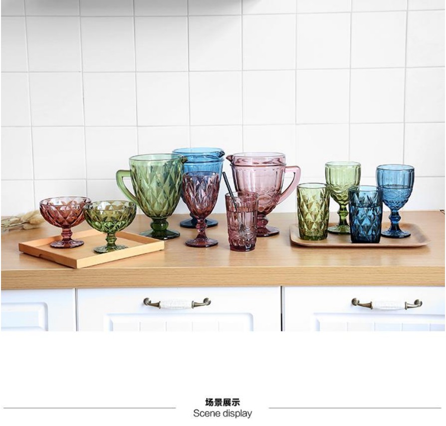 European-style embossed cold water bottle cup sleeve, creative colored glass cooling cup, household juice juicer, blue water bottle detail image 4