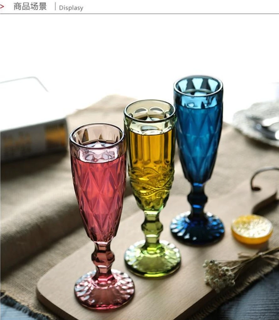 Retro colored embossed champagne glass, creative small juice glass, glass tall glass, thickened red wine glass for home use, diamond-shaped transparent wine sets detail image 4