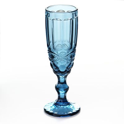 Retro colored embossed champagne glass, creative small juice glass, glass tall glass, thickened red wine glass for home use, blue pattern