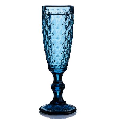 Retro colored embossed champagne glass, creative small juice glass, glass tall glass, thickened red wine glass for home use, diamond blue style