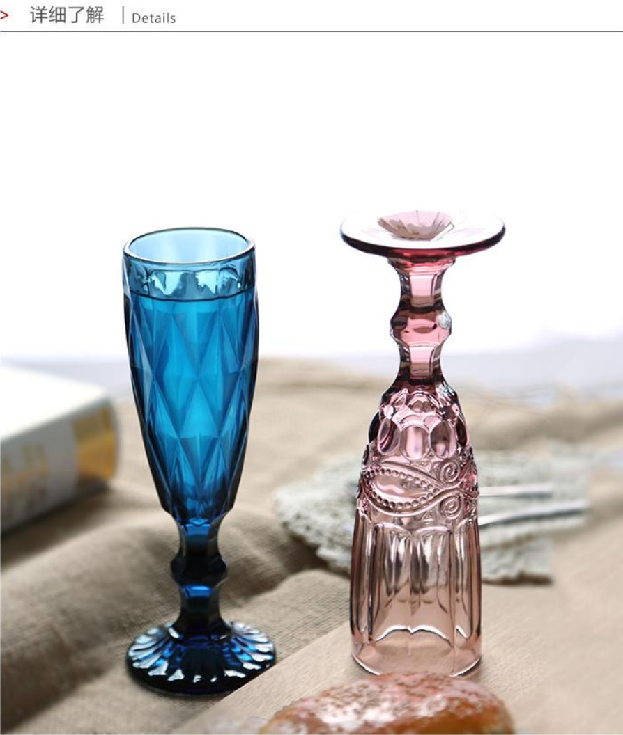 Retro colored embossed champagne glass, creative small juice glass, glass tall glass, thickened red wine glass for home use, transparent wine set with patterns detail image 2