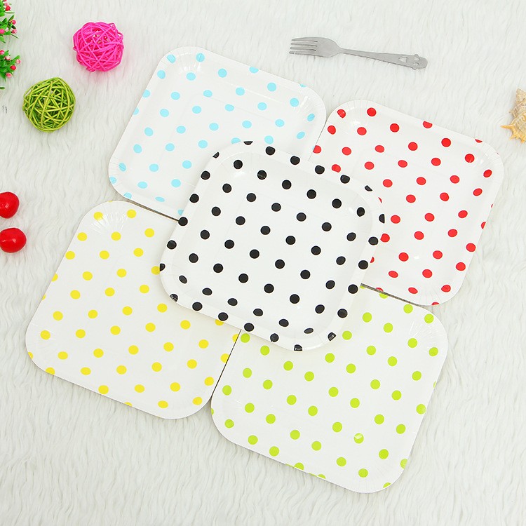 方形圆点生日水果纸盘子 烫金圆点印刷盘子 生日party用品纸碟详情图5