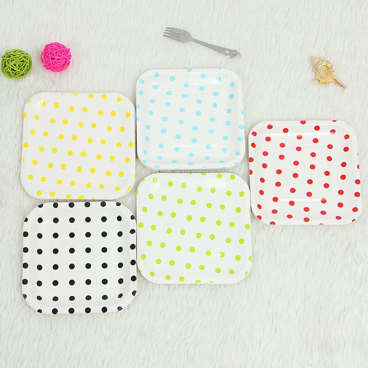 方形圆点生日水果纸盘子 烫金圆点印刷盘子 生日party用品纸碟产品图