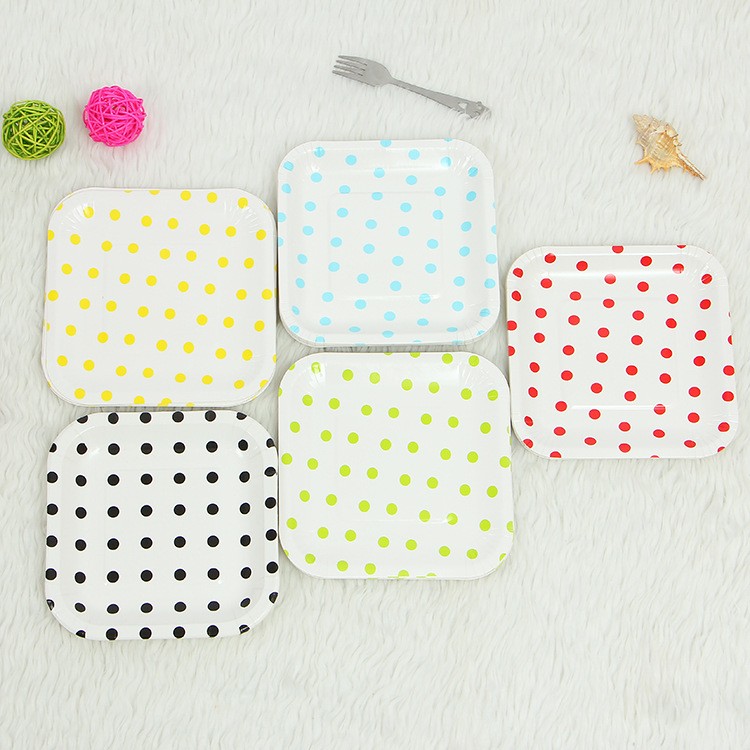 方形圆点生日水果纸盘子 烫金圆点印刷盘子 生日party用品纸碟详情图4