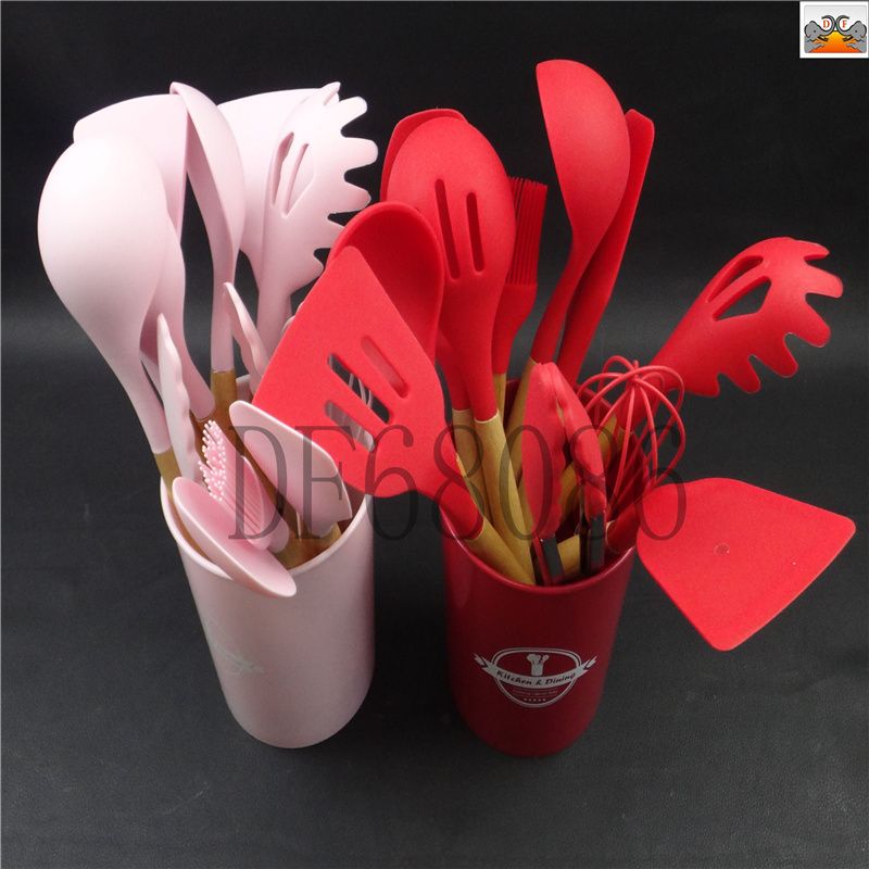 DF68086 Cooking Spoon Spatula Set Wooden handle silicone kitchenware set 12-piece storage bucket Non-stick spatula Cooking kitchenware 11-piece silicon DF Trading House