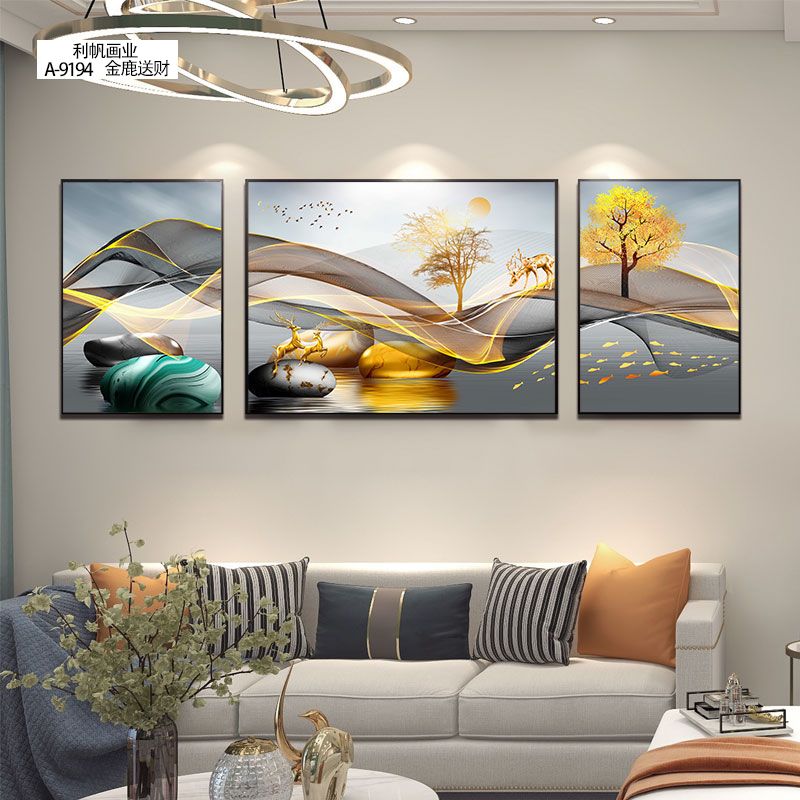 Living Room Decorative Painting Modern Simple Sofa Background Wall Hanging Painting Atmospheric Wall Painting Crystal Porcelain With Diamond Triptych Murals details Picture