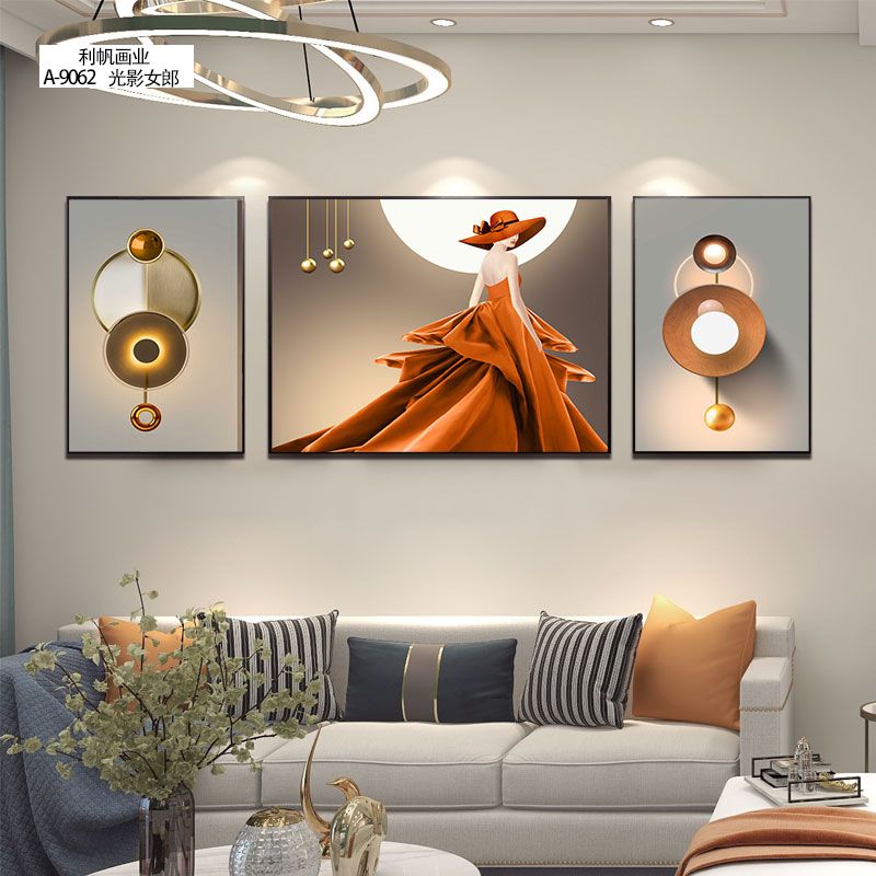 Modern Simple Sofa Background Wall Hanging Picture Atmospheric Crystal Porcelain With Diamond Triptych Decoration Living Room Wall Hanging Picture Item Picture