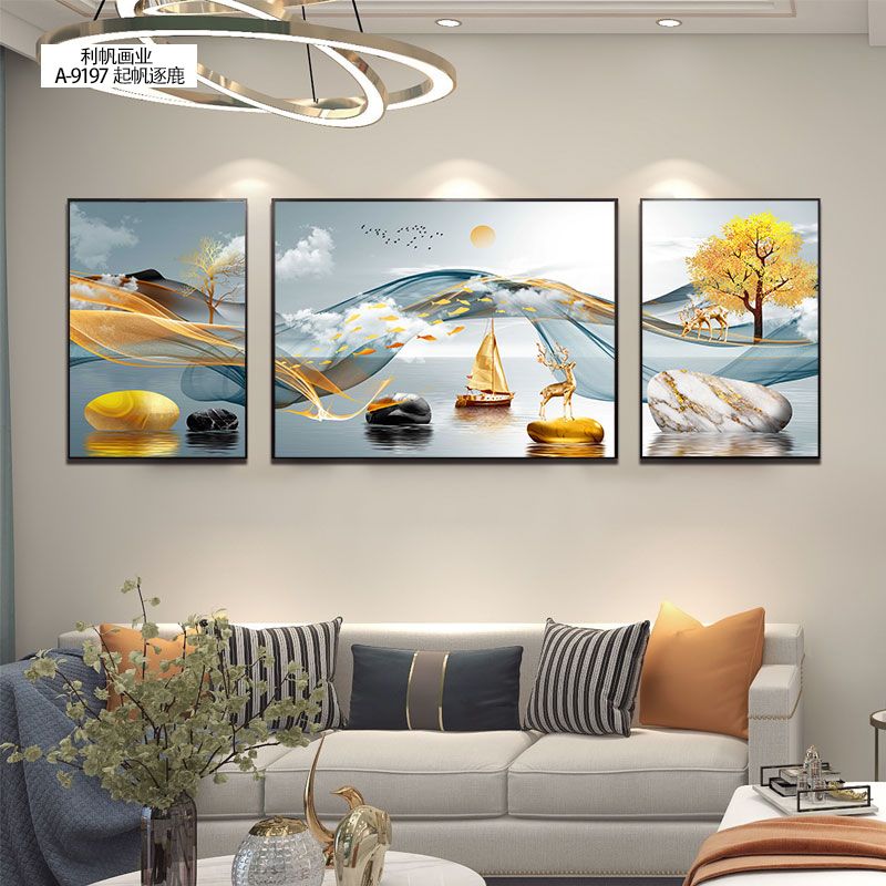Living Room Decorative Painting Modern Simple Sofa Background Wall Hanging Painting Atmospheric Wall Painting Crystal Porcelain With Diamond Triptych Murals Application Scenario