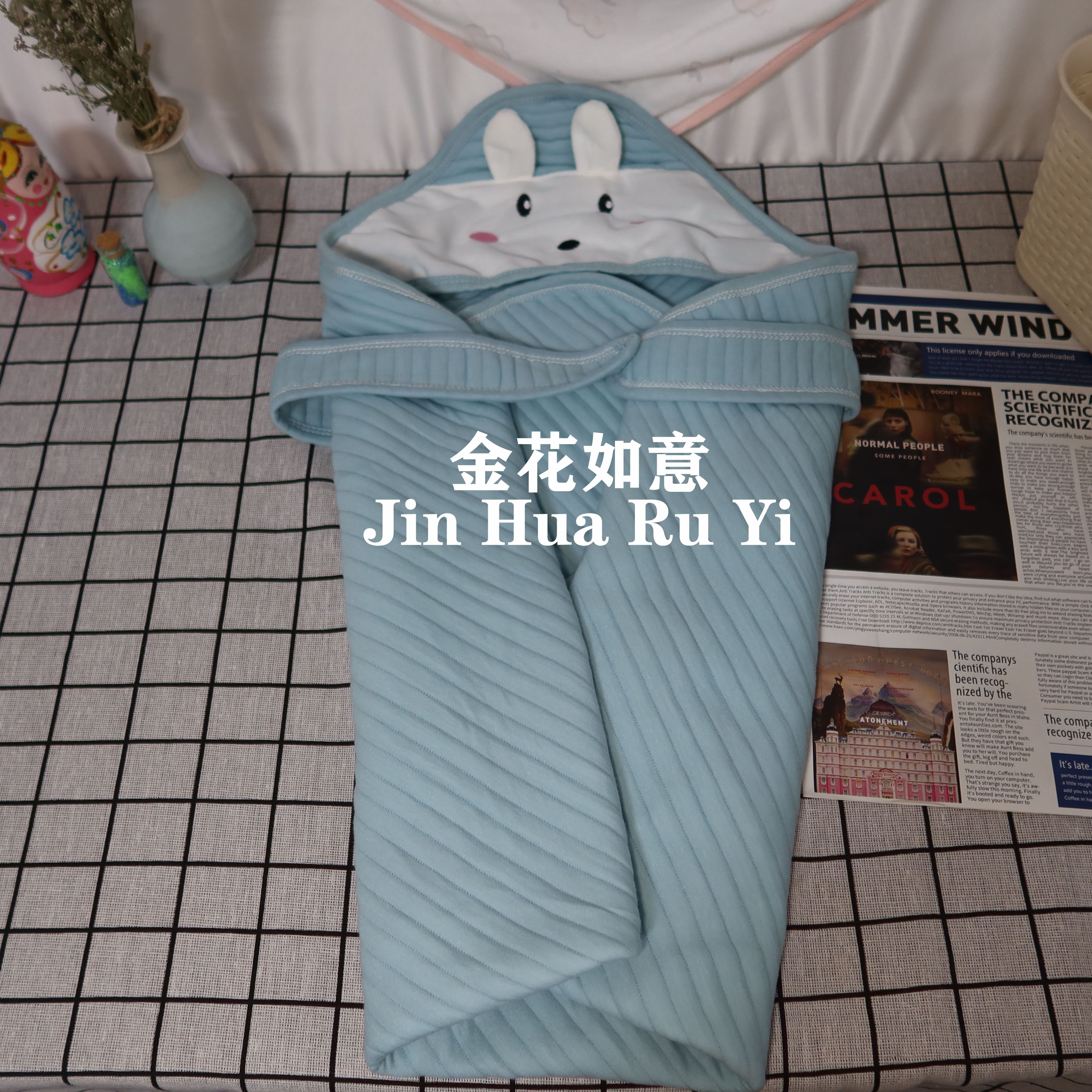 Spring and autumn style Class A pure cotton newborn blanket, cartoon cute rabbit head pure cotton baby blanket, solid color embossed printed swaddling baby blanket Specification image