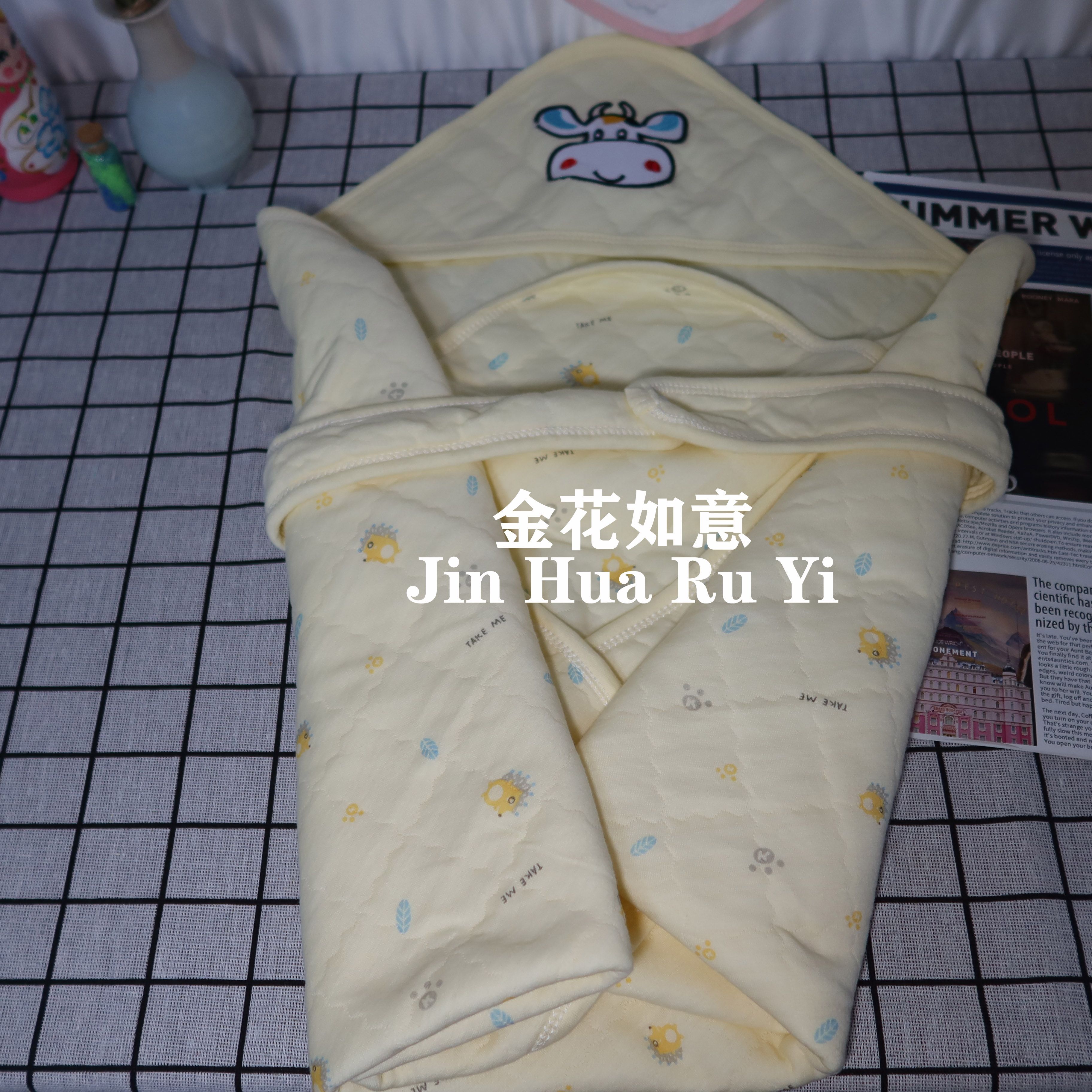 Spring and autumn Class A pure cotton newborn blanket, cartoon pure cotton baby blanket, solid color embossed printed swaddling baby blanket details Picture