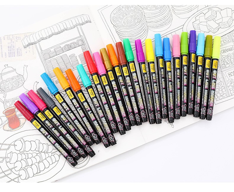 广纳标记笔记号笔贺卡涂鸦绘画笔双线轮廓笔荧光彩色笔24色套装详情图12