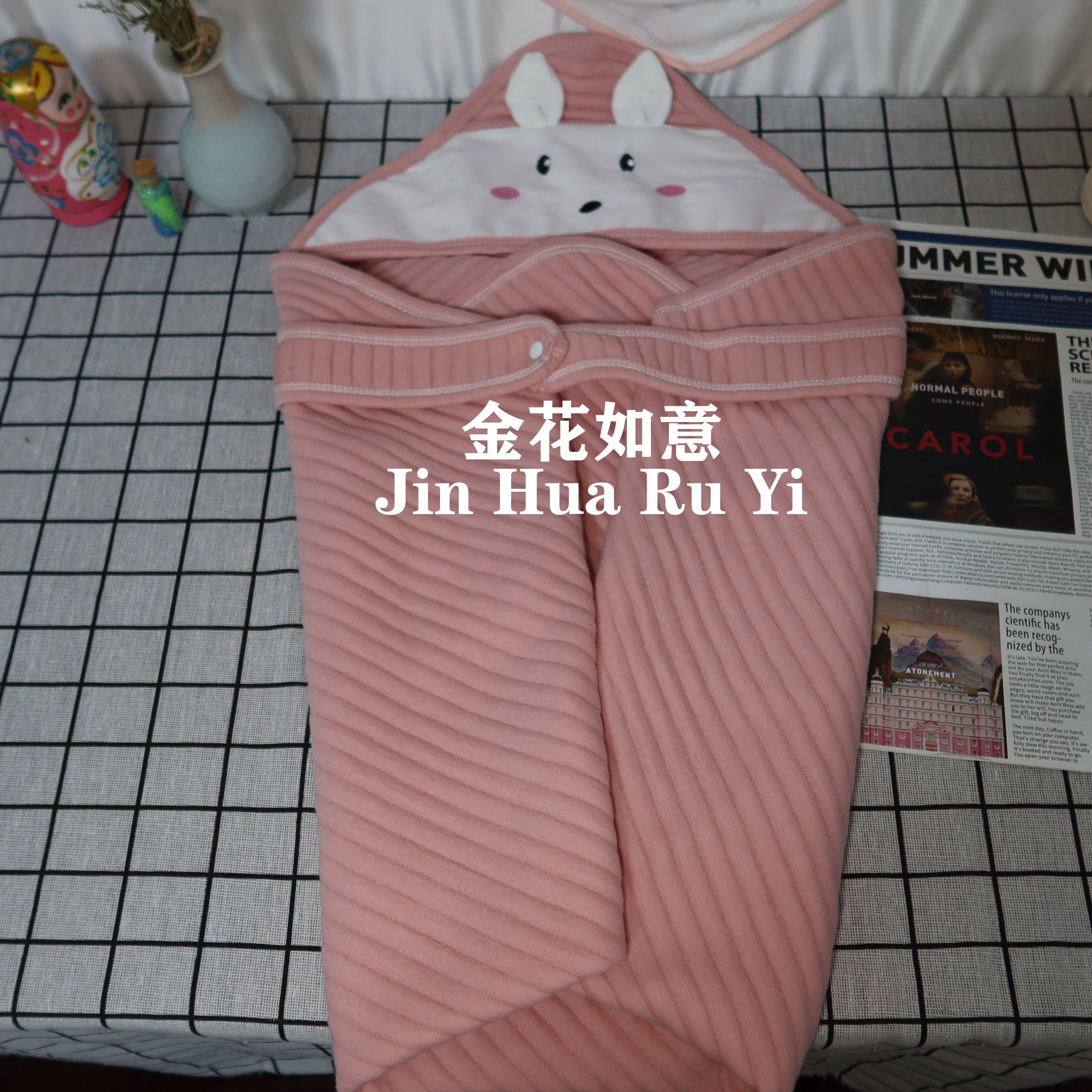 Spring and autumn style Class A pure cotton newborn blanket, cartoon cute rabbit head pure cotton baby blanket, solid color embossed printed swaddling baby blanket details Picture