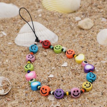 跨境个性时尚琉璃眼睛珠串珠笑脸手机挂绳软陶爱心小米珠手机链女细节图