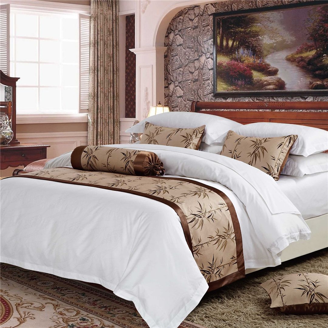 民宿酒店宾馆床上用品布草白色印花全棉四件套客房布草