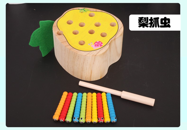 The wooden toy fruit insect-catching game is highly entertaining and colorful, which can exercise babies' hand-eye coordination, visual ability, logical thinking ability, and early education enlightenment training. It is a parent-child game detail image 10