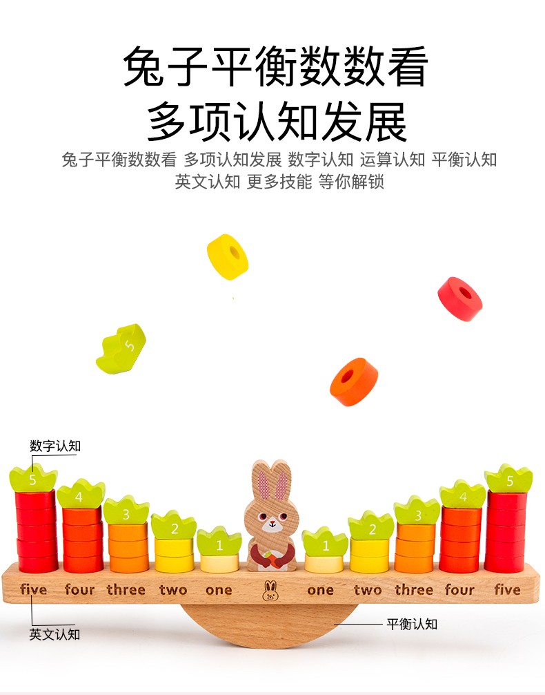 The wooden cognitive game "Rabbit Balance" is highly entertaining with rich colors. It can exercise babies' hand-eye coordination, visual ability, logical thinking ability, and early education enlightenment training. It is a parent-child game detail image 6