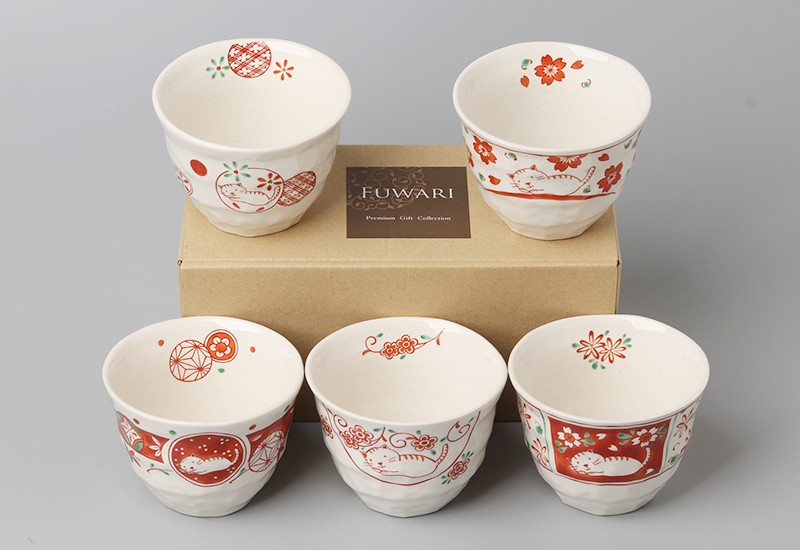 浙里 日本进口波佐见烧-赤绘系列 猫咪水杯 5入礼盒装详情图1