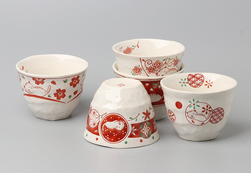 浙里 日本进口波佐见烧-赤绘系列 猫咪水杯 5入礼盒装详情图7