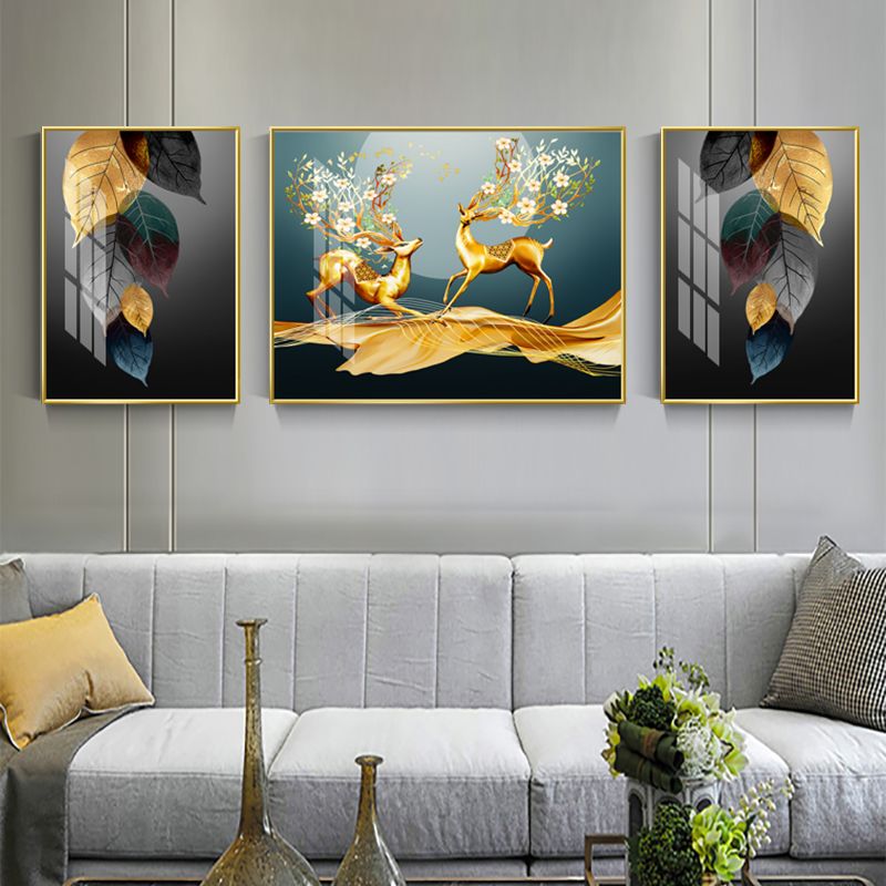 三联银杏叶装饰画 沙发背景墙麋鹿客厅挂画产品图