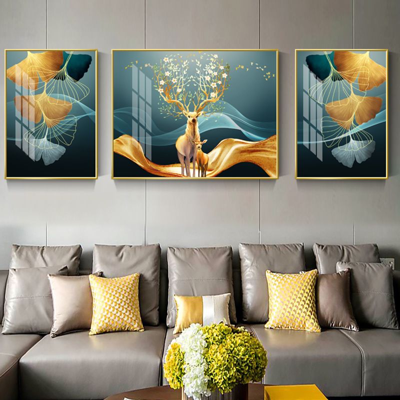 三联银杏叶装饰画 沙发背景墙麋鹿客厅挂画图