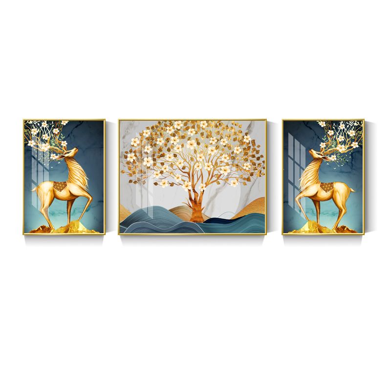 三联麋鹿装饰画 晶瓷画客厅挂画墙画白底实物图